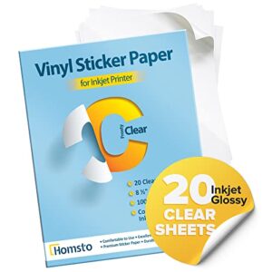 homsto vinyl sticker paper, frosty clear printable vinyl sticker paper for inkjet printer, quick-drying, water and scratch-resistant, self-adhesive for most surfaces, 8.5 x 11 inches, 20 sheets