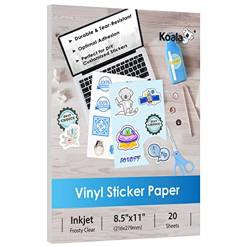 Koala Printable Vinyl Sticker Paper for Inkjet Printer - Frosty Clear Sticker Paper - 20 Sheets Waterproof Sticker Printer Paper - Tear and Scratch Resistant, Quick Dry, 8.5x11 Inches