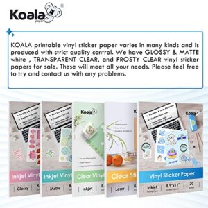 Koala Printable Vinyl Sticker Paper for Inkjet Printer - Frosty Clear Sticker Paper - 20 Sheets Waterproof Sticker Printer Paper - Tear and Scratch Resistant, Quick Dry, 8.5x11 Inches