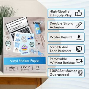 Koala Printable Vinyl Sticker Paper for Inkjet Printer - Frosty Clear Sticker Paper - 20 Sheets Waterproof Sticker Printer Paper - Tear and Scratch Resistant, Quick Dry, 8.5x11 Inches