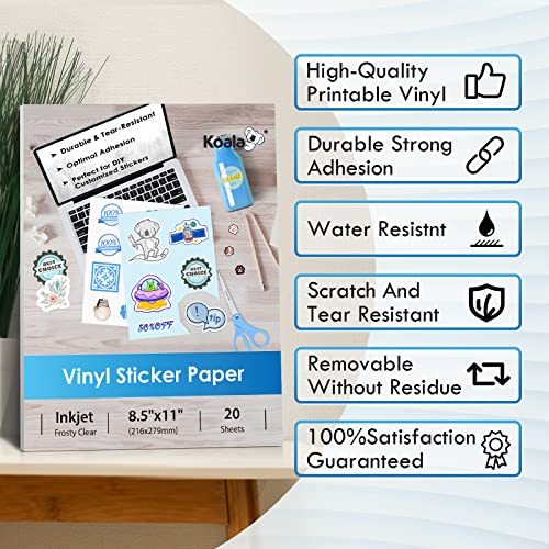 Koala Printable Vinyl Sticker Paper for Inkjet Printer - Frosty Clear Sticker Paper - 20 Sheets Waterproof Sticker Printer Paper - Tear and Scratch Resistant, Quick Dry, 8.5x11 Inches