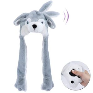 hopearl husky hat with ears moving jumping pop up beating hat plush holiday cosplay dress up funny gift for kids girls, gray, 22''