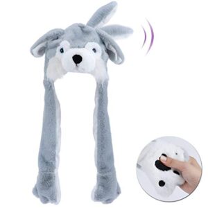 Hopearl Husky Hat with Ears Moving Jumping Pop Up Beating Hat Plush Holiday Cosplay Dress Up Funny Gift for Kids Girls, Gray, 22''