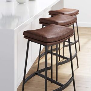 Nathan James 22202 Arlo Modern Backless Upholstered Kitchen Counter Bar Stool with Double-Layered Saddle Seat and Metal Base, Brown/Matte Black