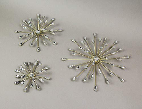 Set of 3 Gold Finish Teardrop Crystal Jeweled Rhinestone Starburst Metal Wall Hangings Art Decorative Home Decor 6, 9, 12 Inches in Diameter