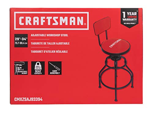 Craftsman Adjustable Height Work Shop Stool, 29 to 34-inches Tall, Rip-Resistant Padded Vinyl Seat, 300-lb Capacity, 360-degree Footrest, Non-Marring Feet