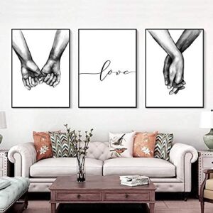 16"x20" love and hand in hand wall art canvas print poster,simple fashion black and white couples love hands sketch art line drawing decor for home living room bedroom office(set of 3 unframed)