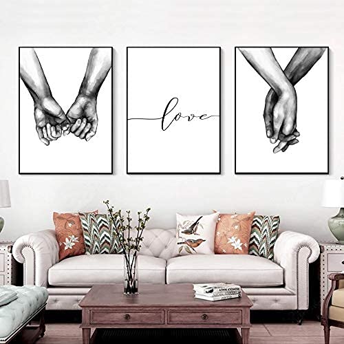 16"x20" Love and Hand in Hand Wall Art Canvas Print Poster,Simple Fashion Black and White Couples Love Hands Sketch Art Line Drawing Decor for Home Living Room Bedroom Office(Set of 3 Unframed)