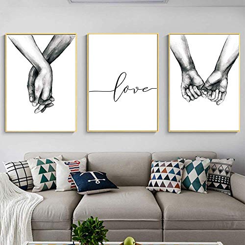 16"x20" Love and Hand in Hand Wall Art Canvas Print Poster,Simple Fashion Black and White Couples Love Hands Sketch Art Line Drawing Decor for Home Living Room Bedroom Office(Set of 3 Unframed)