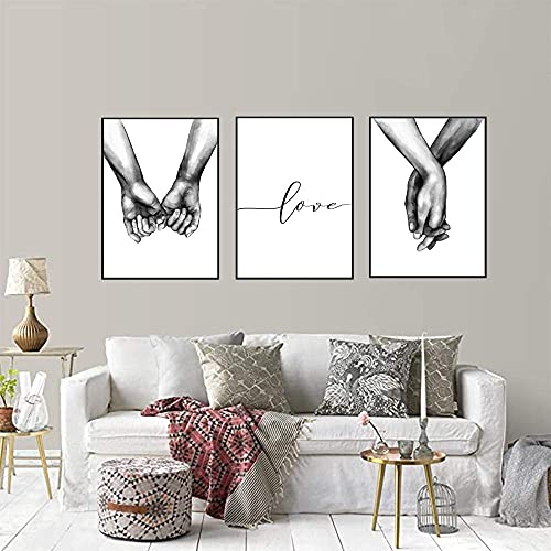 16"x20" Love and Hand in Hand Wall Art Canvas Print Poster,Simple Fashion Black and White Couples Love Hands Sketch Art Line Drawing Decor for Home Living Room Bedroom Office(Set of 3 Unframed)