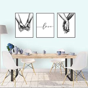 16"x20" Love and Hand in Hand Wall Art Canvas Print Poster,Simple Fashion Black and White Couples Love Hands Sketch Art Line Drawing Decor for Home Living Room Bedroom Office(Set of 3 Unframed)