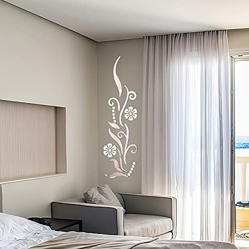 3D Flower Mirror Wall Sticker for Bedroom Living Room Sofa Backdrop Tv Wall Background, 3D Removable Acrylic Wall Decor Decal Sticker for Home Decoration (Silver)