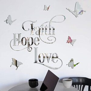 faith hope love 3d acrylic mirror wall stickers, holengs 3d butterfly mirror surface peel and stick removable motivational letter wall decals, crystal diy wall decor for home living room bedroom