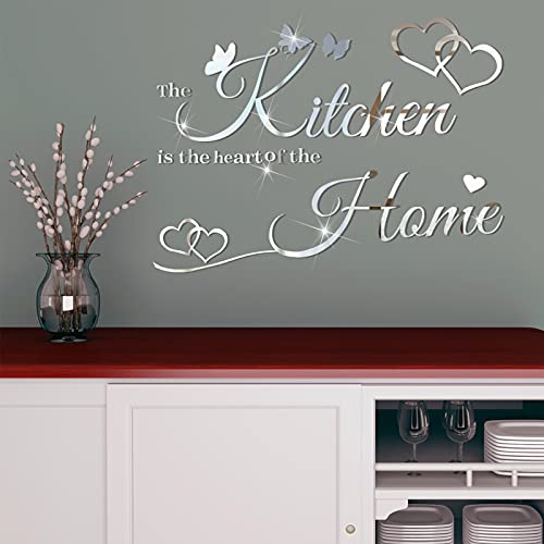 3D Acrylic Mirror Wall Decals Kitchen Butterfly Mirror Stickers Home Letters Decor Heart Quotes Wall Stickers Removable Wall Decals Motivational Wall Decoration for Kitchen Home Dorm (Silver)