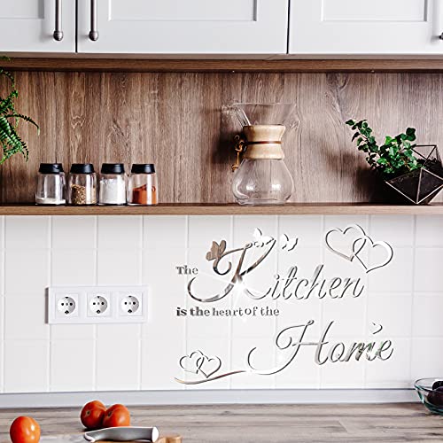 3D Acrylic Mirror Wall Decals Kitchen Butterfly Mirror Stickers Home Letters Decor Heart Quotes Wall Stickers Removable Wall Decals Motivational Wall Decoration for Kitchen Home Dorm (Silver)