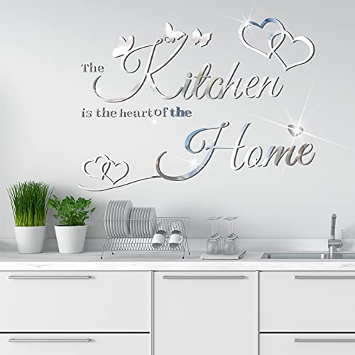 3D Acrylic Mirror Wall Decals Kitchen Butterfly Mirror Stickers Home Letters Decor Heart Quotes Wall Stickers Removable Wall Decals Motivational Wall Decoration for Kitchen Home Dorm (Silver)