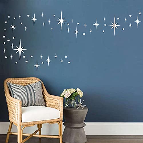 Retro Starburst Mirror Wall Decals Silver 3D Acrylic Sparkle Wall Decors Star Wall Stickers Removable Star Decals Home Wall Decors(123pcs)