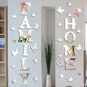 outus 3d family home sign letters living room decor family rustic farmhouse wall decor acrylic mirror decorative butterfly mirror wall sticker decals for living room bedroom kitchen (silver)