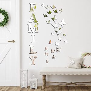 Outus 3D Family Home Sign Letters Living Room Decor Family Rustic Farmhouse Wall Decor Acrylic Mirror Decorative Butterfly Mirror Wall Sticker Decals for Living Room Bedroom Kitchen (Silver)