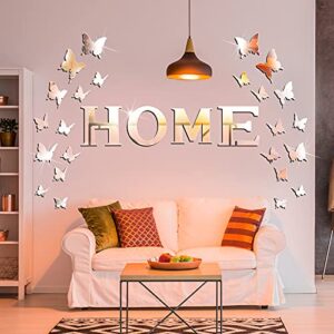 Outus 3D Family Home Sign Letters Living Room Decor Family Rustic Farmhouse Wall Decor Acrylic Mirror Decorative Butterfly Mirror Wall Sticker Decals for Living Room Bedroom Kitchen (Silver)