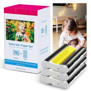 Compatible Canon Selphy CP1300 Ink and Paper KP-108IN 3 Color Ink Cartridges and 108 Sheets 4x6 Photo Paper Glossy for Canon Selphy CP1500 CP1200 CP1000 CP910 CP900 CP810 CP800 Photo Printer