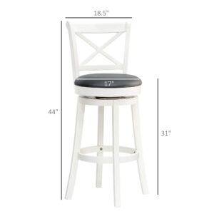 HOMCOM Traditional Bar Stool, 31 Inch Seat Height Barstool, Swivel PU Leather Upholstered Chair, with Cross Back and Rubberwood Frame, Cream White