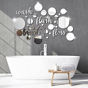 30 pieces bathroom wall decals wash flush brush floss stickers 3d round mirrors wall art decal self adhesive diy acrylic mirror decor beautiful art words decor for home bedroom living room (silver)