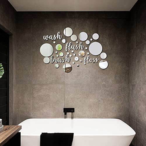 30 Pieces Bathroom Wall Decals Wash Flush Brush Floss Stickers 3D Round Mirrors Wall Art Decal Self Adhesive DIY Acrylic Mirror Decor Beautiful Art Words Decor for Home Bedroom Living Room (Silver)