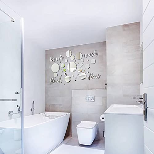 30 Pieces Bathroom Wall Decals Wash Flush Brush Floss Stickers 3D Round Mirrors Wall Art Decal Self Adhesive DIY Acrylic Mirror Decor Beautiful Art Words Decor for Home Bedroom Living Room (Silver)