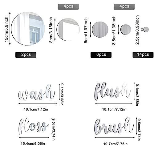30 Pieces Bathroom Wall Decals Wash Flush Brush Floss Stickers 3D Round Mirrors Wall Art Decal Self Adhesive DIY Acrylic Mirror Decor Beautiful Art Words Decor for Home Bedroom Living Room (Silver)