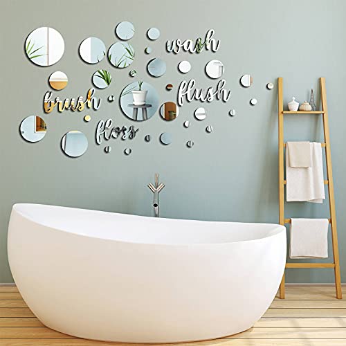 30 Pieces Bathroom Wall Decals Wash Flush Brush Floss Stickers 3D Round Mirrors Wall Art Decal Self Adhesive DIY Acrylic Mirror Decor Beautiful Art Words Decor for Home Bedroom Living Room (Silver)