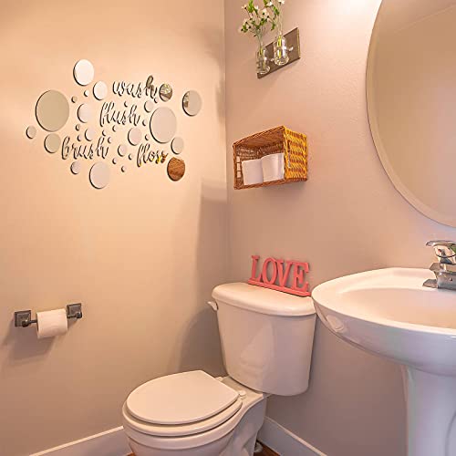 30 Pieces Bathroom Wall Decals Wash Flush Brush Floss Stickers 3D Round Mirrors Wall Art Decal Self Adhesive DIY Acrylic Mirror Decor Beautiful Art Words Decor for Home Bedroom Living Room (Silver)