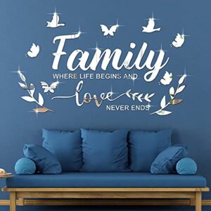mirror family wall decor 3d acrylic wall decal stickers family letter quotes mirror decor diy removable wall art decals motivational butterfly mural stickers for home decor (silver)