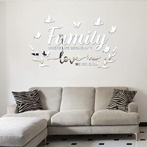 Mirror Family Wall Decor 3D Acrylic Wall Decal Stickers Family Letter Quotes Mirror Decor DIY Removable Wall Art Decals Motivational Butterfly Mural Stickers for Home Decor (Silver)