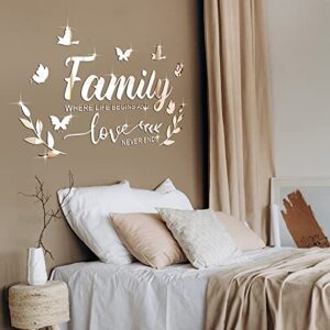 Mirror Family Wall Decor 3D Acrylic Wall Decal Stickers Family Letter Quotes Mirror Decor DIY Removable Wall Art Decals Motivational Butterfly Mural Stickers for Home Decor (Silver)