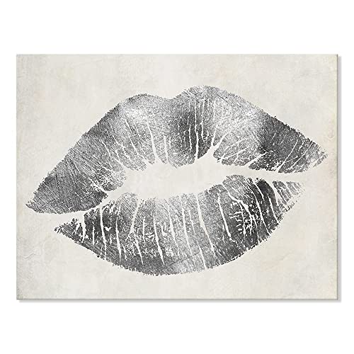 Silver Wall Decor Fashion Lip Canvas Art Black and White Sexy Lip Print Paintings Gallery Wrapped Framed Picture for Bedroom Makeup Room Bathroom Decoration 16x12Inch