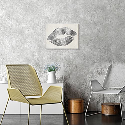 Silver Wall Decor Fashion Lip Canvas Art Black and White Sexy Lip Print Paintings Gallery Wrapped Framed Picture for Bedroom Makeup Room Bathroom Decoration 16x12Inch