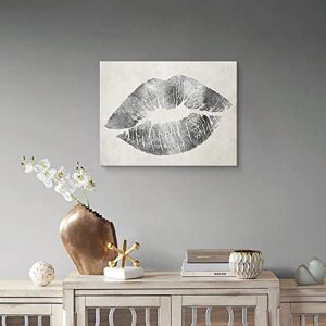 Silver Wall Decor Fashion Lip Canvas Art Black and White Sexy Lip Print Paintings Gallery Wrapped Framed Picture for Bedroom Makeup Room Bathroom Decoration 16x12Inch