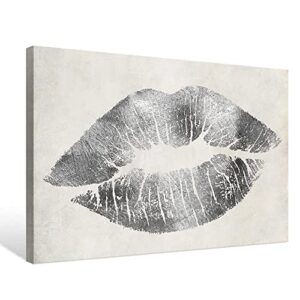 Silver Wall Decor Fashion Lip Canvas Art Black and White Sexy Lip Print Paintings Gallery Wrapped Framed Picture for Bedroom Makeup Room Bathroom Decoration 16x12Inch