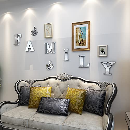 Doeean Family Wall Decor Letter Signs Acrylic Mirror Wall Stickers Wall Decorations for Living Room Bedroom Home Decor Wall Decals (Silver, 61 X 23)