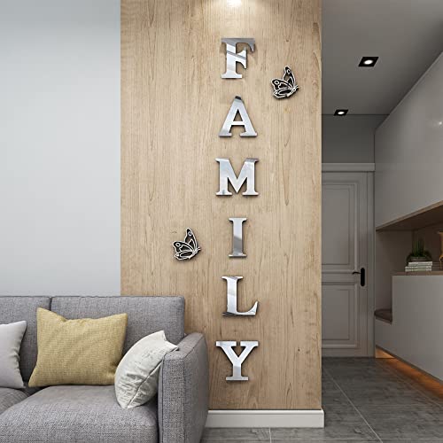 Doeean Family Wall Decor Letter Signs Acrylic Mirror Wall Stickers Wall Decorations for Living Room Bedroom Home Decor Wall Decals (Silver, 61 X 23)