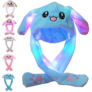 aiyuencici funny plush rabbit hat ear moving jumping hats cute bunny hat cap for women girls cosplay party holiday (led blue)