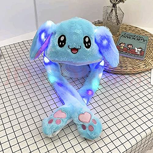 AIYUENCICI Funny Plush Rabbit Hat Ear Moving Jumping Hats Cute Bunny Hat Cap for Women Girls Cosplay Party Holiday (LED Blue)