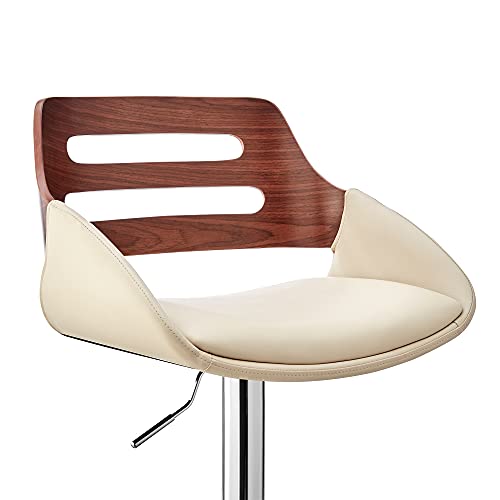 Armen Living Karter Adjustable Cream Faux Leather and Walnut Wood Bar Stool with Chrome Base