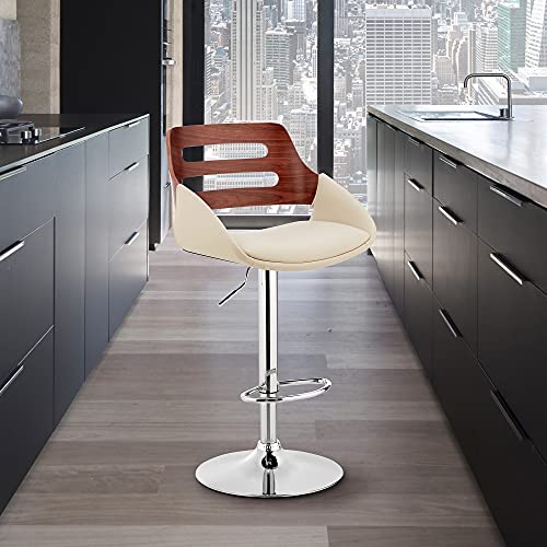 Armen Living Karter Adjustable Cream Faux Leather and Walnut Wood Bar Stool with Chrome Base