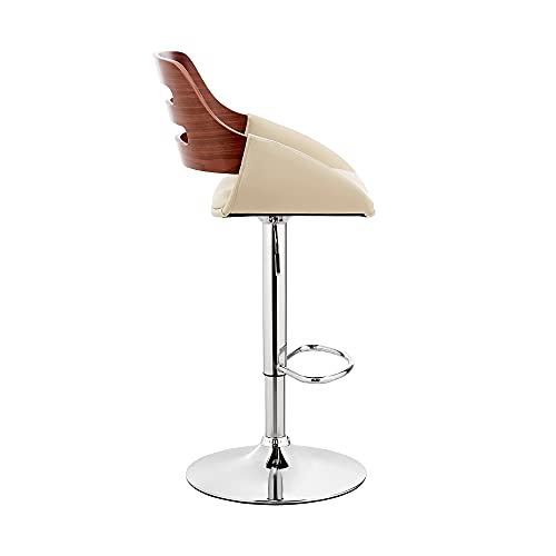 Armen Living Karter Adjustable Cream Faux Leather and Walnut Wood Bar Stool with Chrome Base