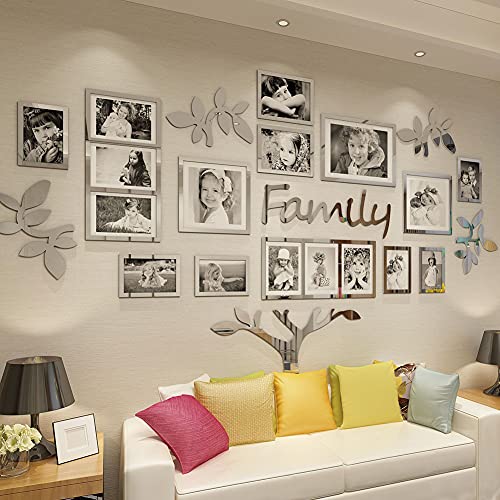 Vaabee Family Tree Wall Decor Acrylic 3D DIY Mirror Stickers Collage Picture Frame Home Decorations for Living Room Bedroom Farm House Dinning Kitchen Office Silver Set Large 71x45 Inch