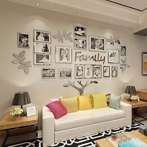 Vaabee Family Tree Wall Decor Acrylic 3D DIY Mirror Stickers Collage Picture Frame Home Decorations for Living Room Bedroom Farm House Dinning Kitchen Office Silver Set Large 71x45 Inch