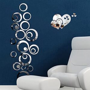 elane 29pcs diy mirror wall decals,including 24pcs circle mirror wall sticker wall decoration and 5 pcs heart removable mirror stickers self adhesive mirror decal for home decoration office living room bedroom (silver)