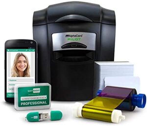 complete id card printer bundle: alphacard pilot id printer, easybadge id software & mobile app, id supplies - 100 printable cards